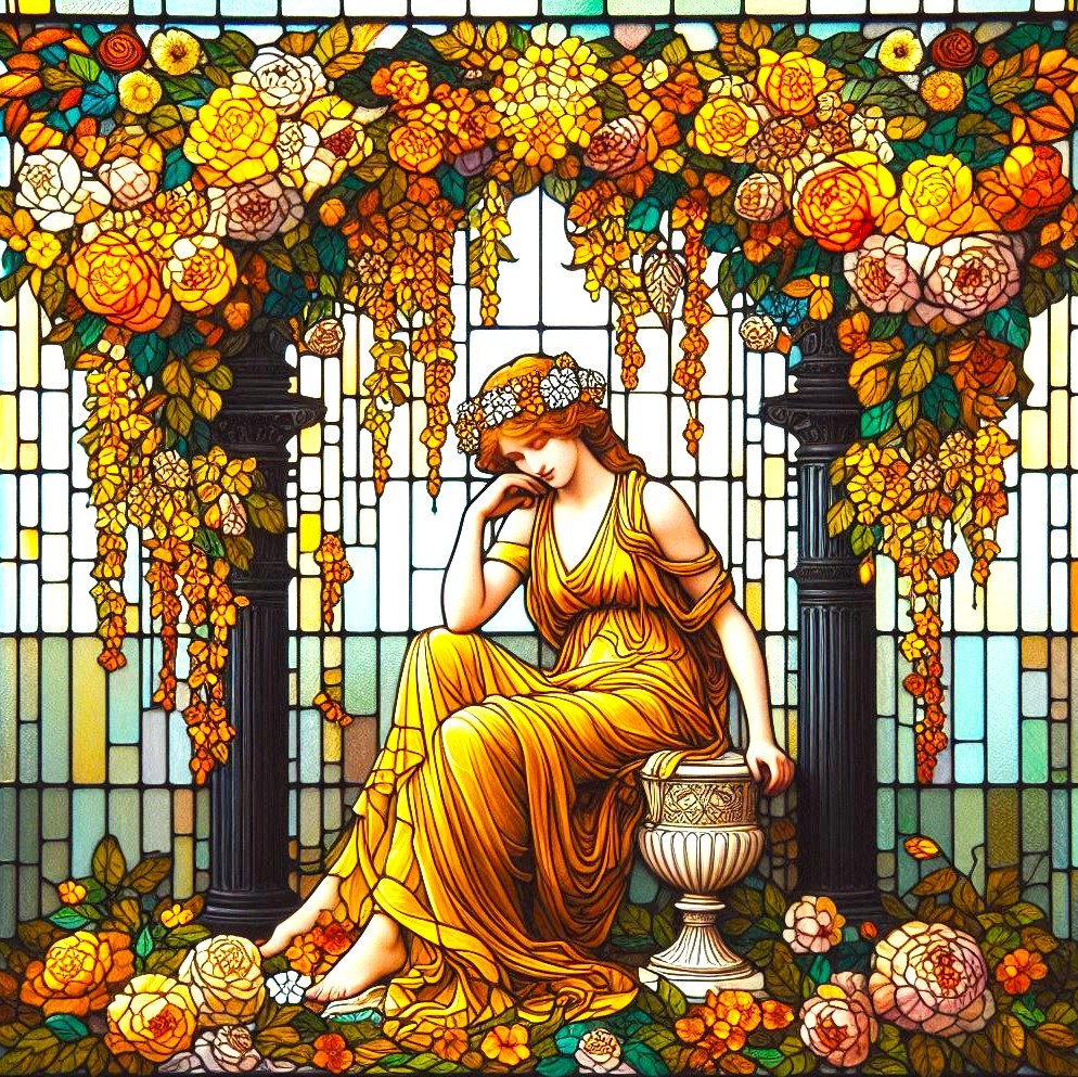 Stained glass woman in yellow dress under flower-covered trellis
