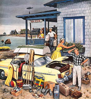 Family packing yellow station wagon with beach gear at coastal snack bar, vintage 1950s illustration