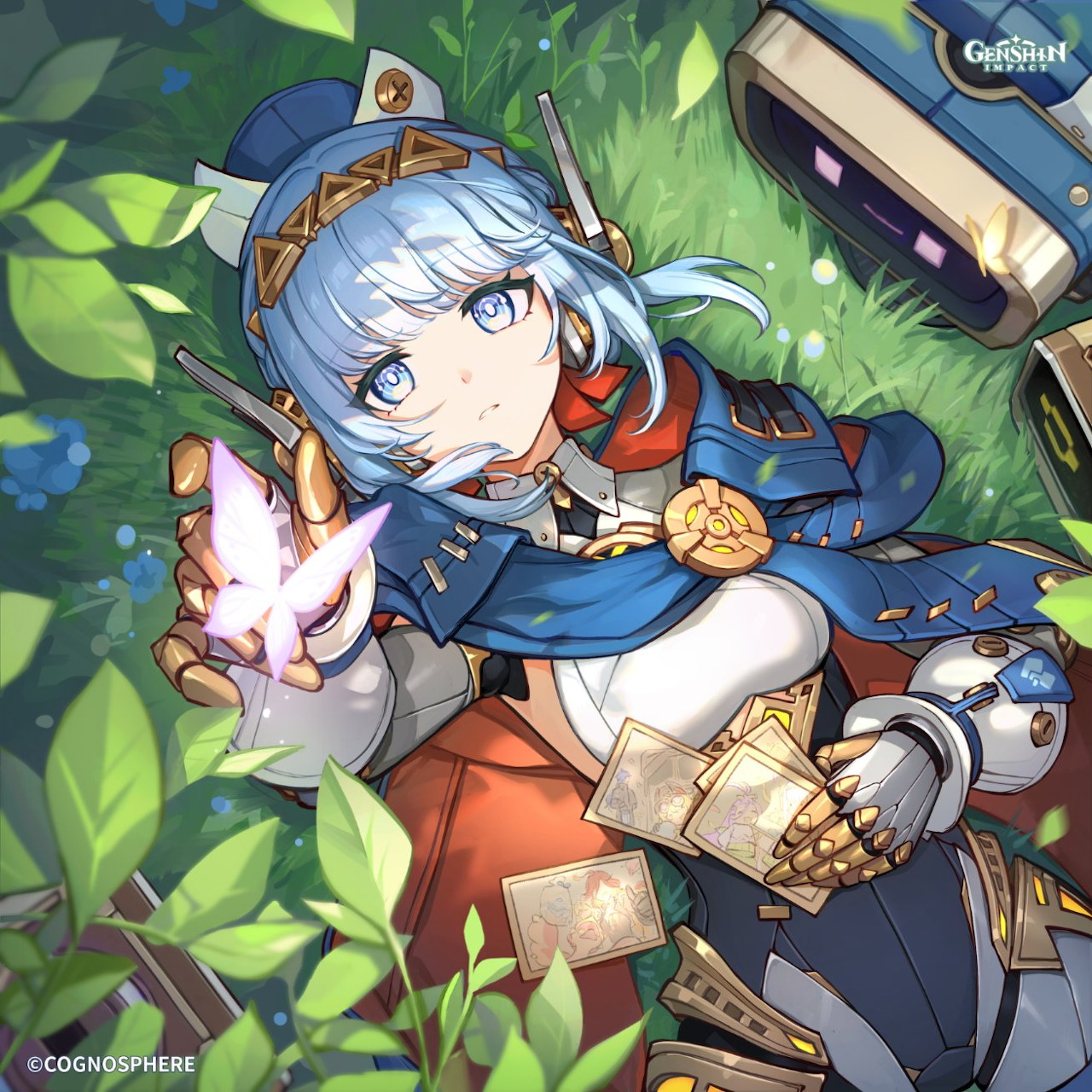 Anime character Ineffa with white hair, blue outfit, and cat companion amid green leaves and magical books