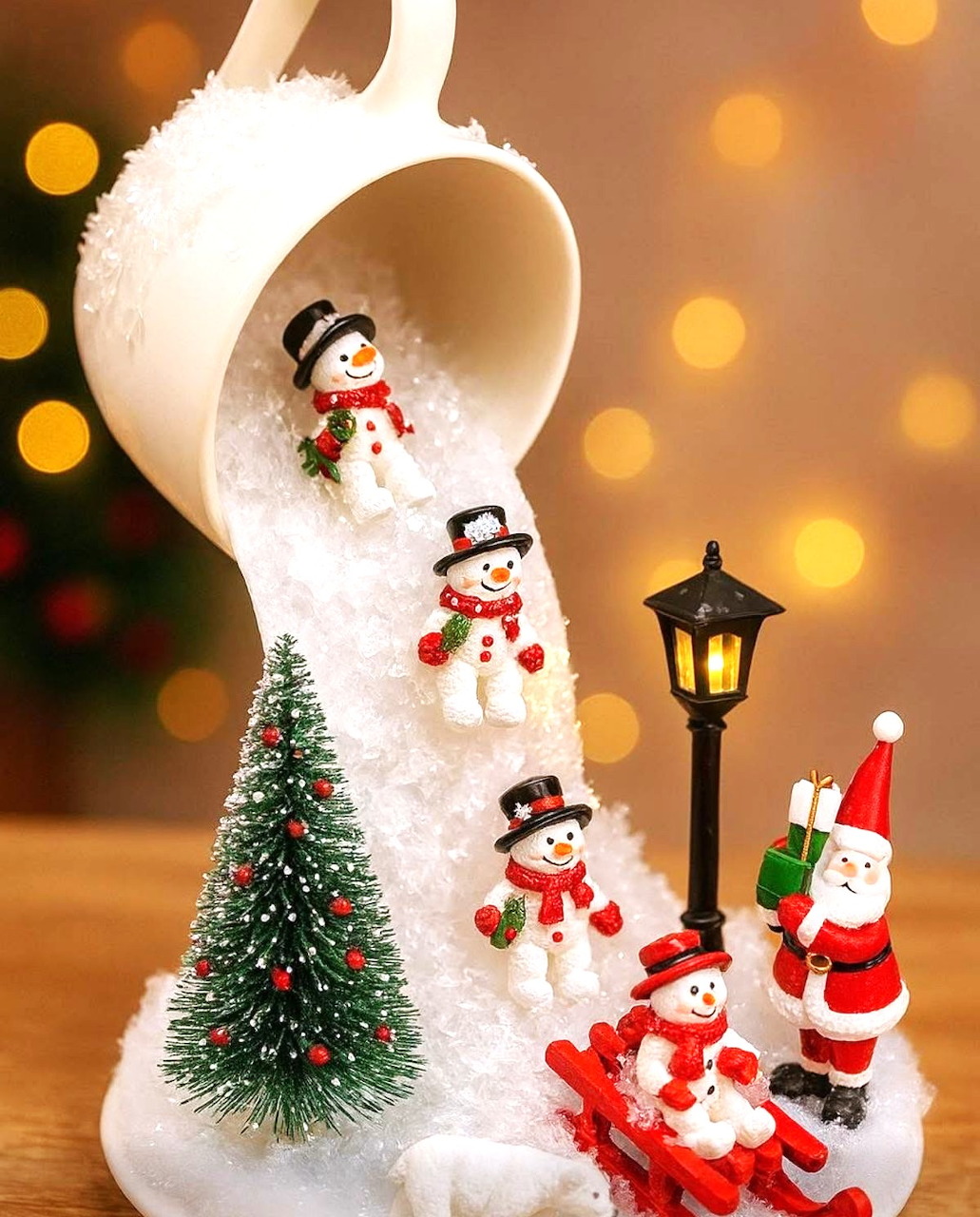 Christmas miniature scene with snowmen sliding from a tilted mug, small tree, lampost, and Santa figure