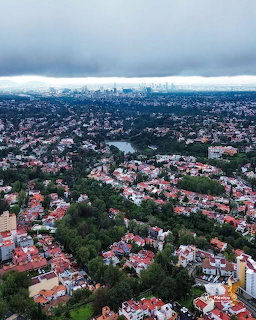 Aerial view of residential neighborhood with red-roofed houses surrounded by trees under cloudy sky