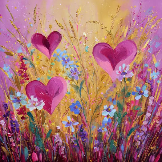 Painted wildflower field with purple hearts, golden wheat, pink and blue flowers on gradient purple-yellow background