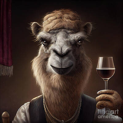 Anthropomorphic camel in a vest holding a red wine glass, portrait-style illustration