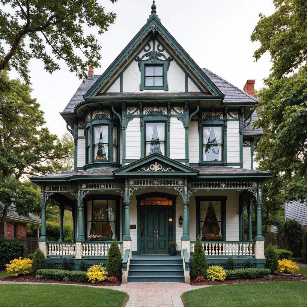 Front view of an ornate Victorian house with porch, gables, and surrounding trees