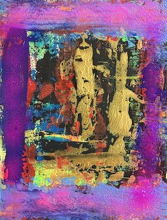 Abstract painting with thick purple border and colorful textured center in blue, yellow, and red brushstrokes