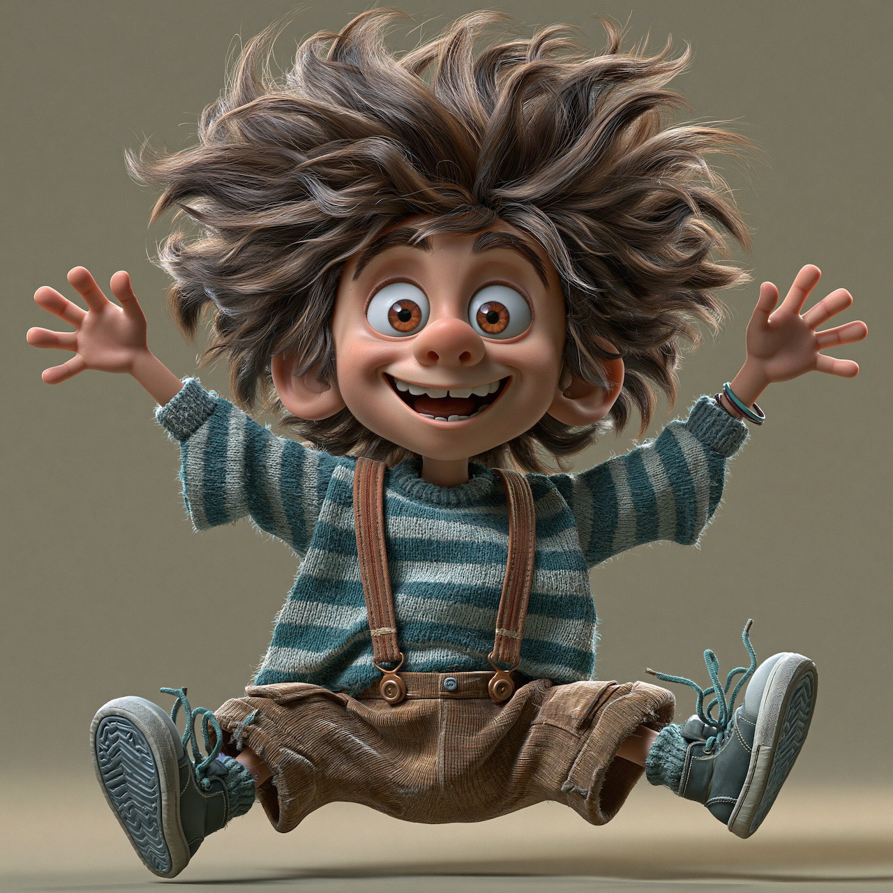 Smiling cartoon boy with messy hair jumping with arms outstretched