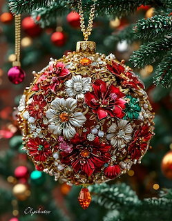 Decorative red and gold Christmas bauble with floral jewels hanging on a fir tree