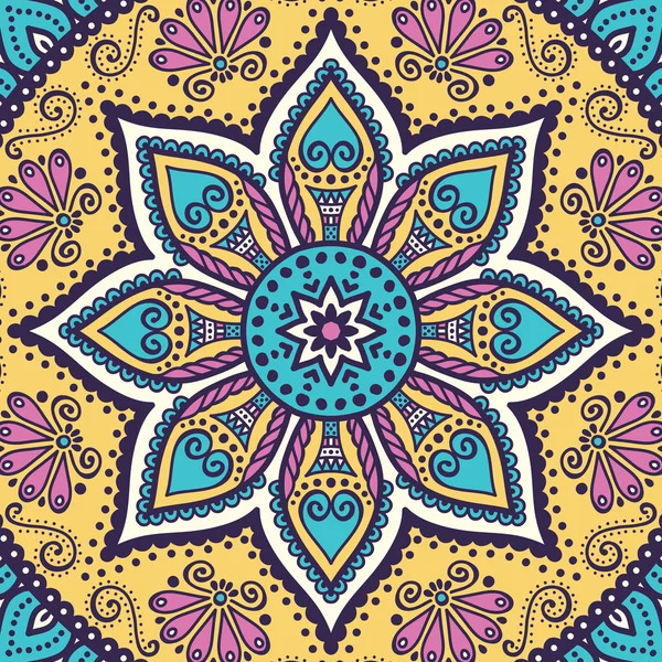 Colorful mandala with symmetrical floral petals in blue, purple and yellow on yellow background