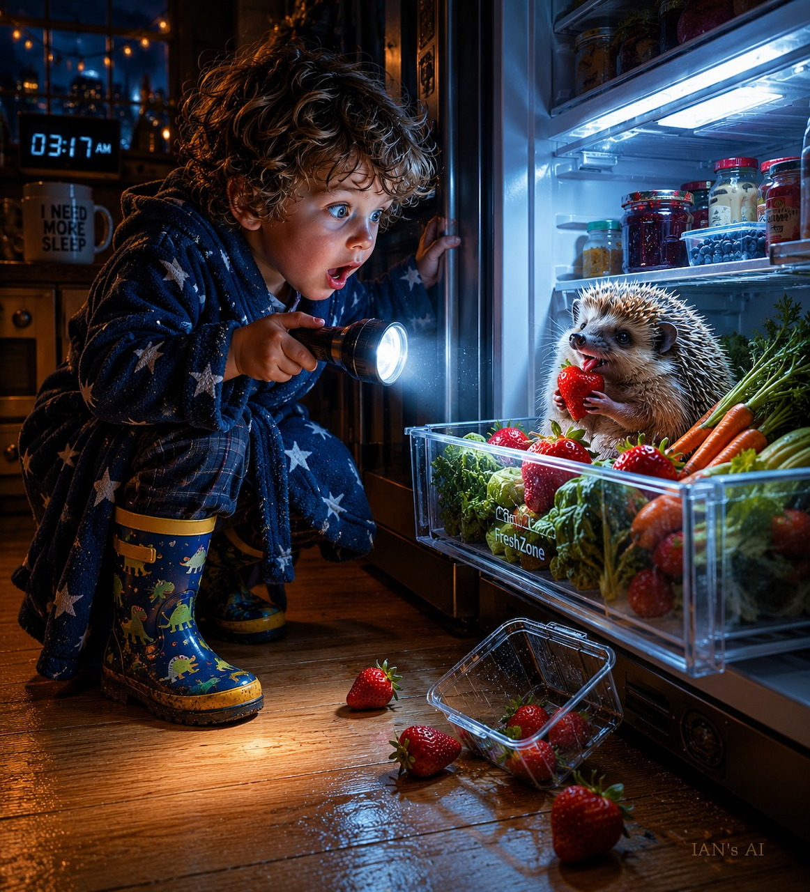 Surprised boy with flashlight looking at a hedgehog sitting inside an open refrigerator