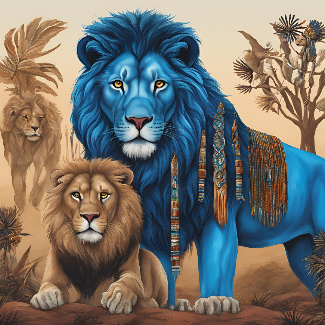 Fantasy blue lion with beaded mane next to two brown lions in desert landscape