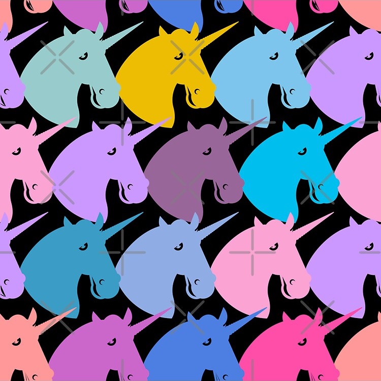 Colorful repeating pattern of unicorn head silhouettes in various bright colors on black background