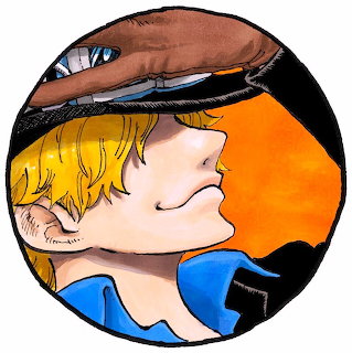 Side profile of Sanji from ONE PIECE anime with blonde hair and brown hat on orange background