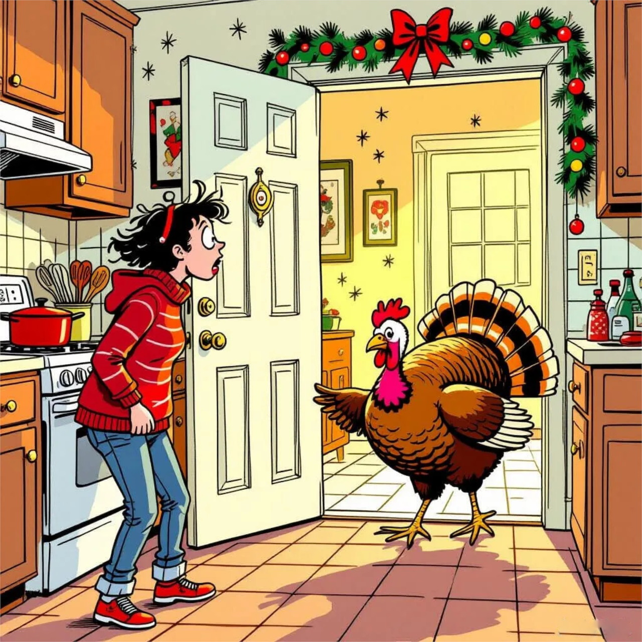 Cartoon girl in red sweater surprised by turkey in Christmas decorated kitchen