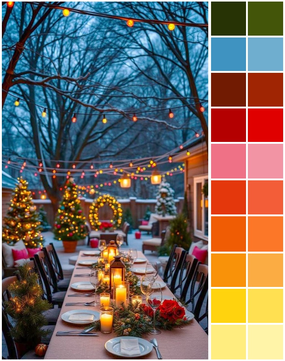 Festive outdoor dinner table with Christmas lights and decorations next to color palette swatches