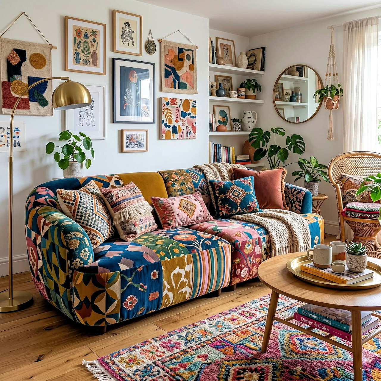 Eclectic living room with colorful patchwork sofa, decorative cushions, gallery wall, and houseplants