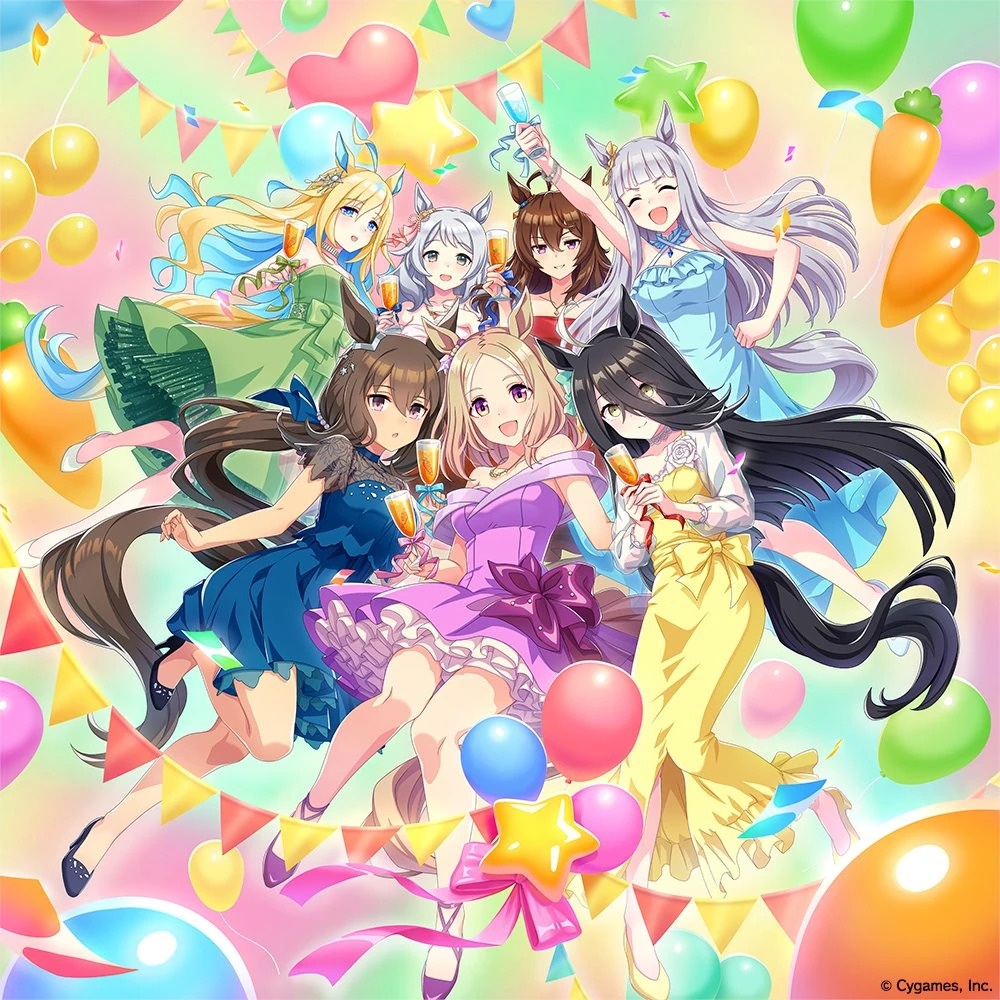 Anime girls in colorful dresses celebrating with balloons and confetti