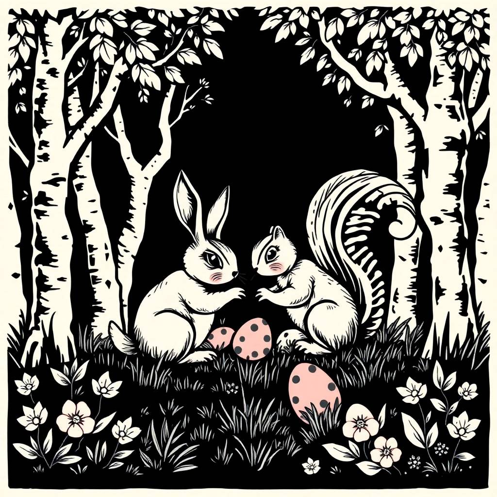 Monochrome papercut-style illustration of two bunnies with Easter eggs in a birch tree forest surrounded by flowers