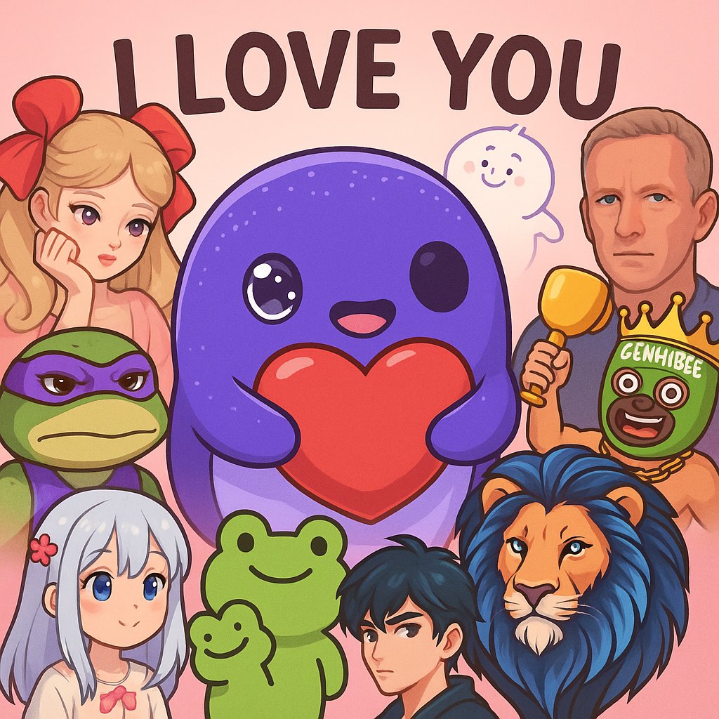 Colorful character collage with a purple heart mascot, anime girls, a turtle, frogs, a lion, and two men