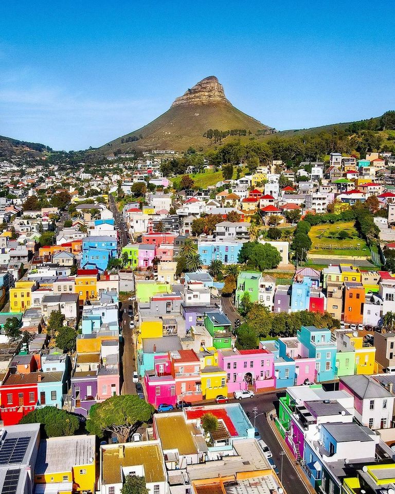 Aerial view of Bo-Kaap Cape Town with colorful houses and Lion's Head mountain