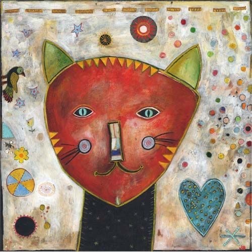 Stylized red cat face painting with abstract symbols and a blue heart on a textured background