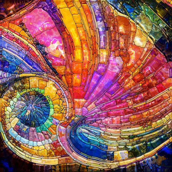 Colorful abstract mosaic with spiral patterns radiating in rainbow hues of pink, orange, yellow, blue and purple