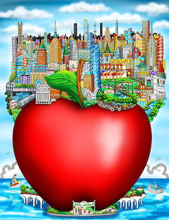 Colorful illustration of a giant red apple with the New York City skyline on top above blue water