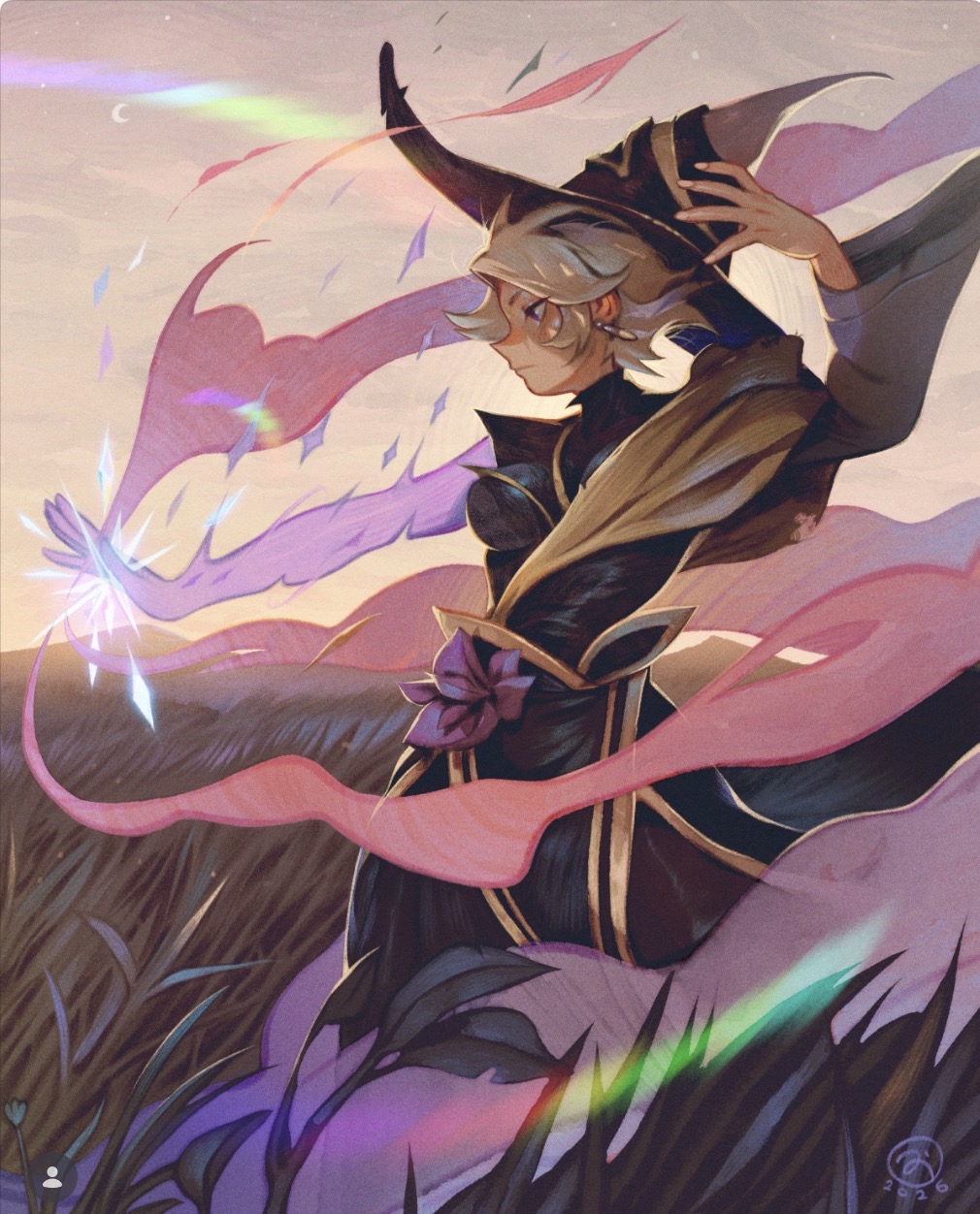Anime spellcaster wearing a pointed hat with flowing ribbons and glowing magic in a pastel sky