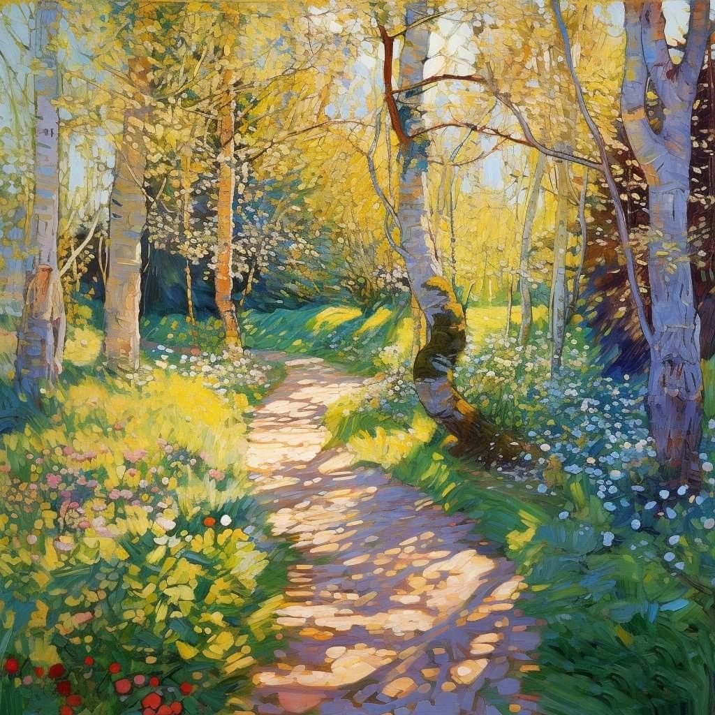 Impressionist painting of a sunlit forest path through birch trees with spring flowers and dappled golden light