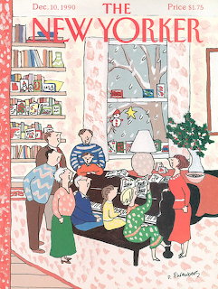 Family gathering around Christmas tree in apartment with bookshelves and snowy window view