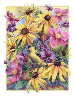 Illustration of a yellow bird among yellow, pink, and purple flowers