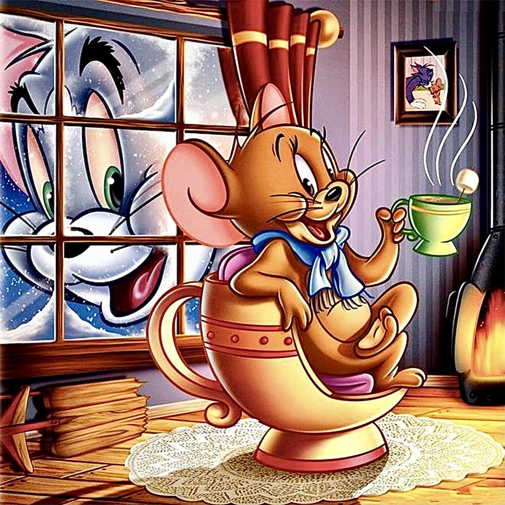 Animated brown mouse character escaping in golden teapot while cat peers through window in kitchen scene
