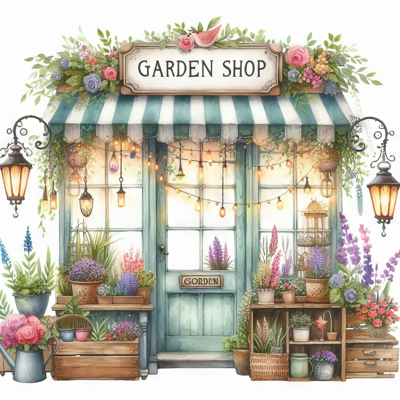 Watercolor garden shop storefront with floral awning, potted plants, and turquoise door