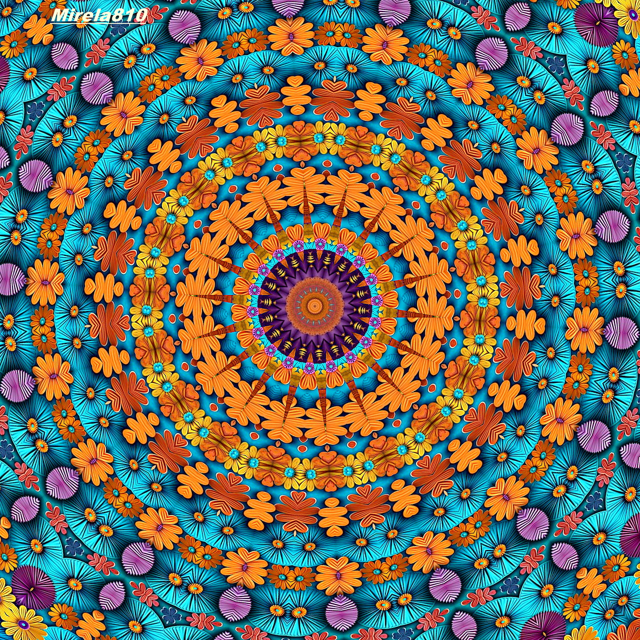 Colorful mandala with orange flowers radiating in circles on bright turquoise background with purple geometric details