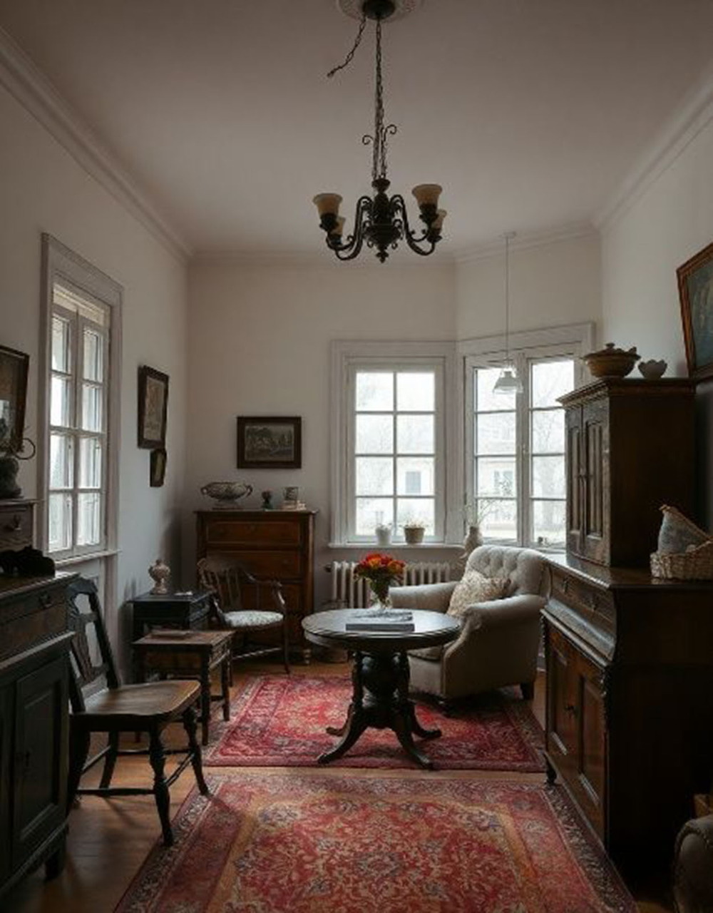 Vintage living room with antique furniture, chandelier, red Persian rug, and large windows