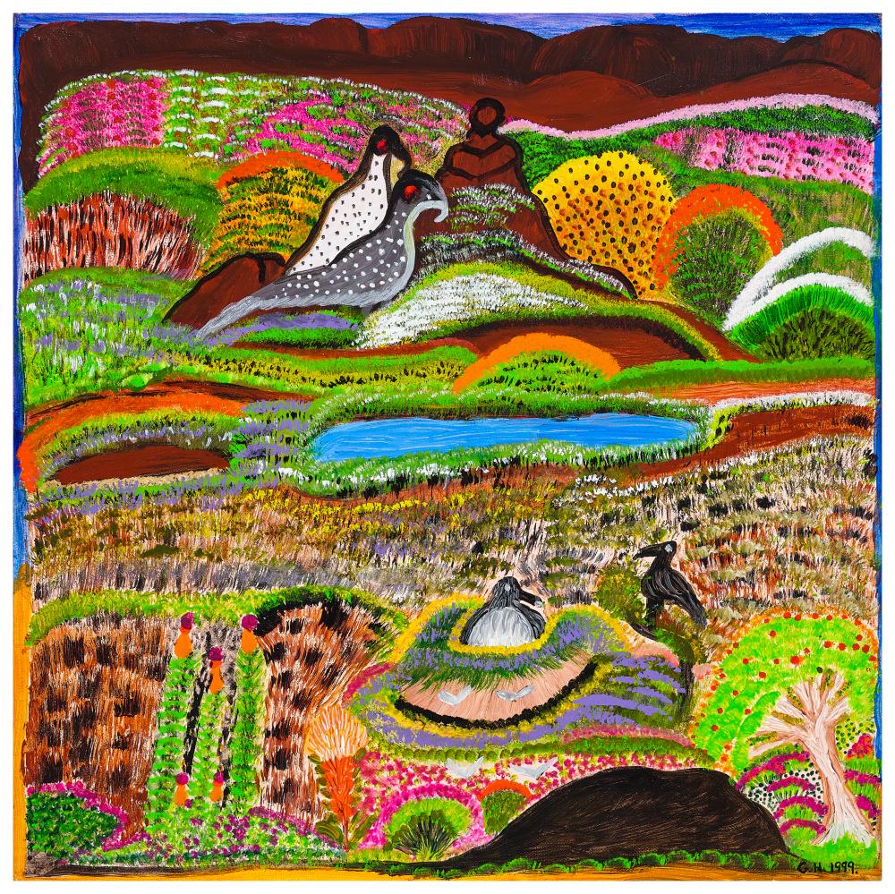 Folk art painting of birds at waterhole with patterned hills and vegetation in bright colors