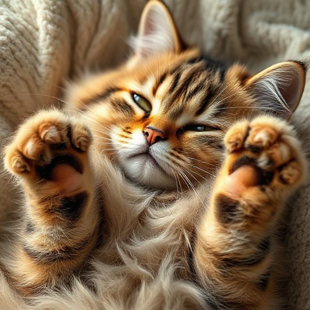 Tabby kitten stretching paws up on knit blanket