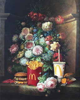 Still life painting of flowers with fries, a burger, and a soft drink against a dark background