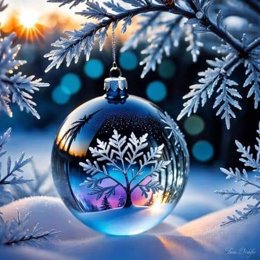 Blue Christmas bauble in snow under frosted pine branches with glowing bokeh lights
