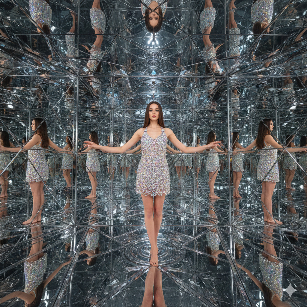 Woman standing in a mirrored room with multiple reflections on walls, ceiling, and floor.
