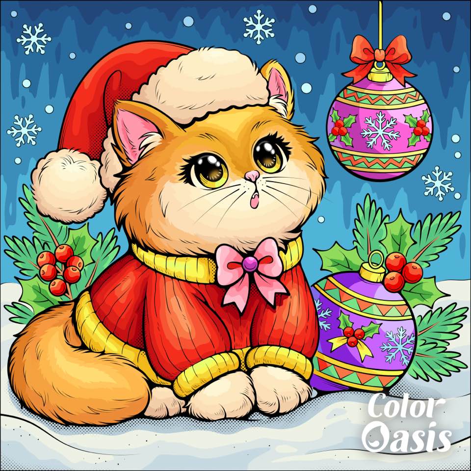 Cartoon orange kitten in Santa hat with Christmas ornaments and pine branches