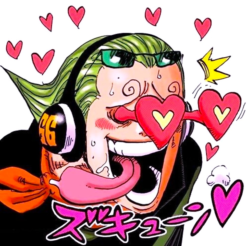 Grinning anime character with green hair surrounded by pink hearts in bold cartoon style