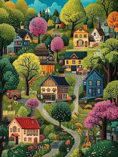 Colorful illustrated village with houses, winding paths, and blooming trees on hillside