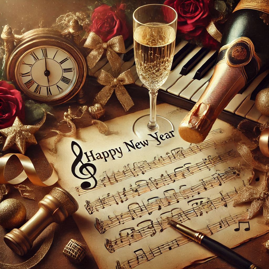 New Year celebration scene with champagne, clock at midnight, music sheet, roses and festive decorations