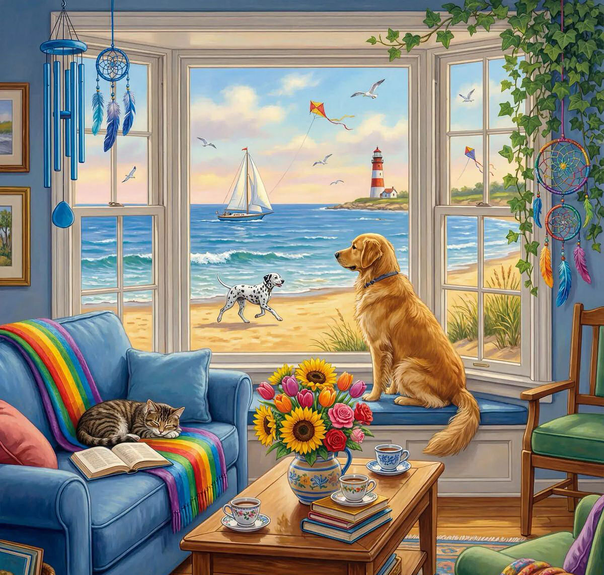 Golden retriever and cat watching beach scene through open window with lighthouse and sailboat