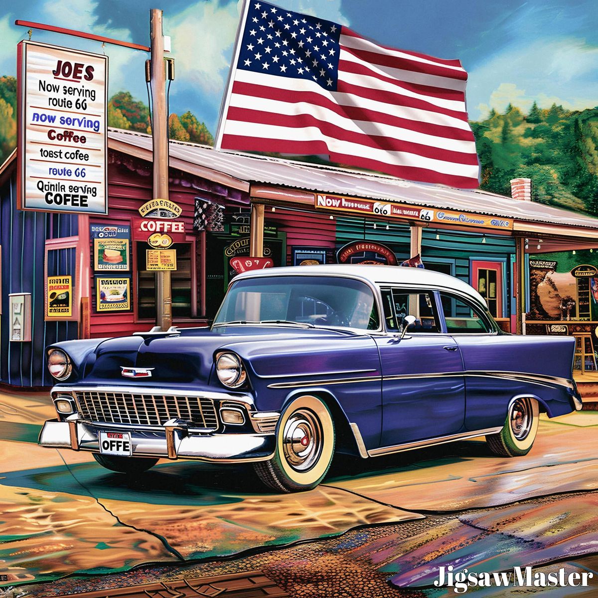 Blue vintage car in front of a Route 66 cafe with an American flag
