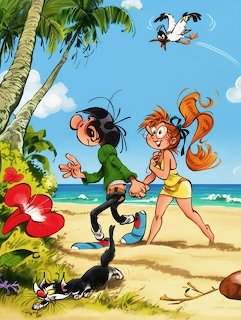 Cartoon man and woman in diving gear walking on a tropical beach with a black cat