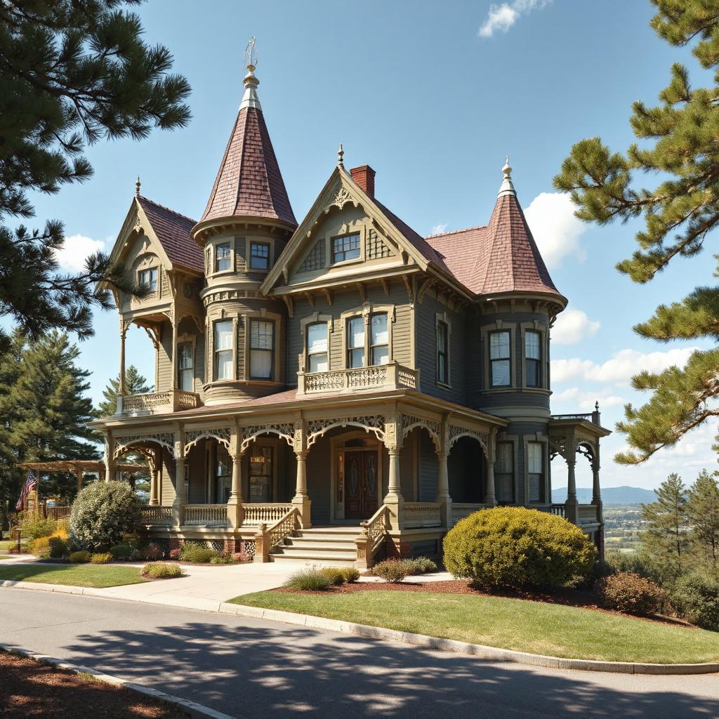 Large Victorian house with turrets, wraparound porch, and manicured lawn