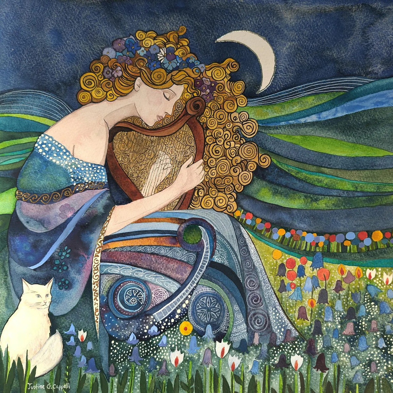 Illustration of woman holding cat in decorative Art Nouveau style with moon and flowers