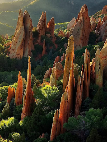 Tall orange and red rock hoodoos among green forest with mountains in background