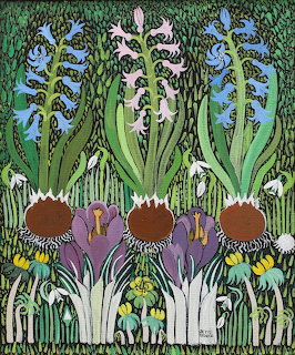 Stylized illustration of hyacinths and crocuses with small white flowers against a dense green background